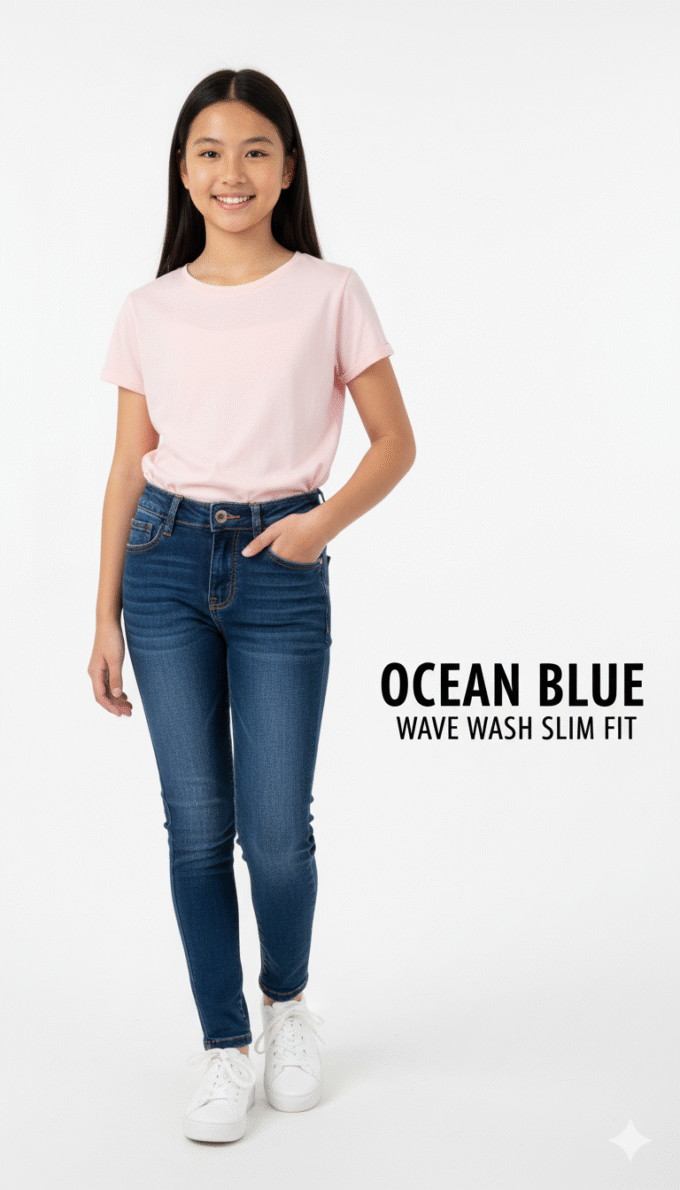 Ocean Blue Wave Wash Slim Fit jeans.