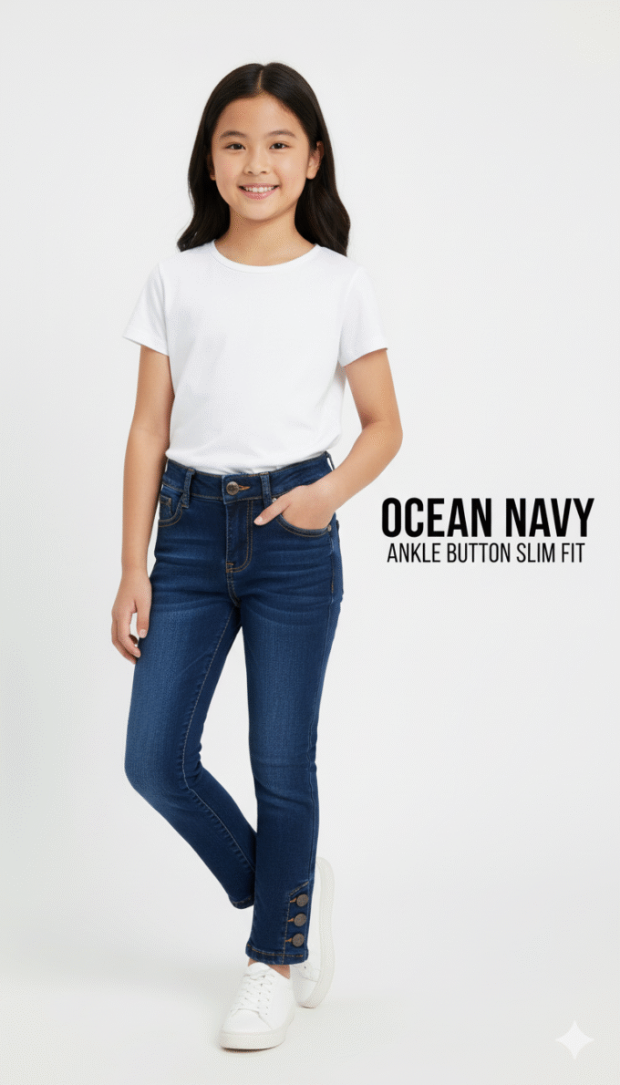 Ocean Navy Ankle Button Slim Fit jeans.